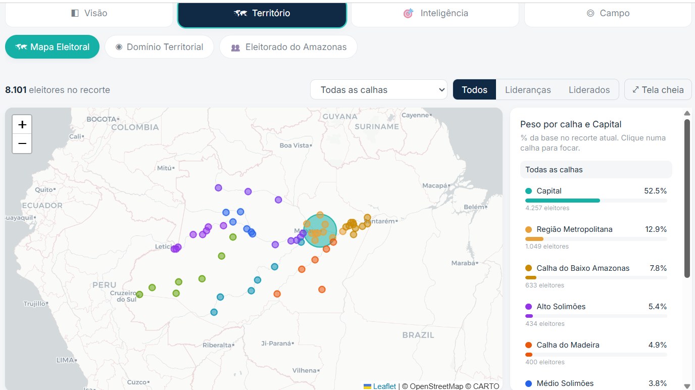 Mapa eleitoral do BASE mostrando a base de eleitores distribuída pelas calhas do Amazonas